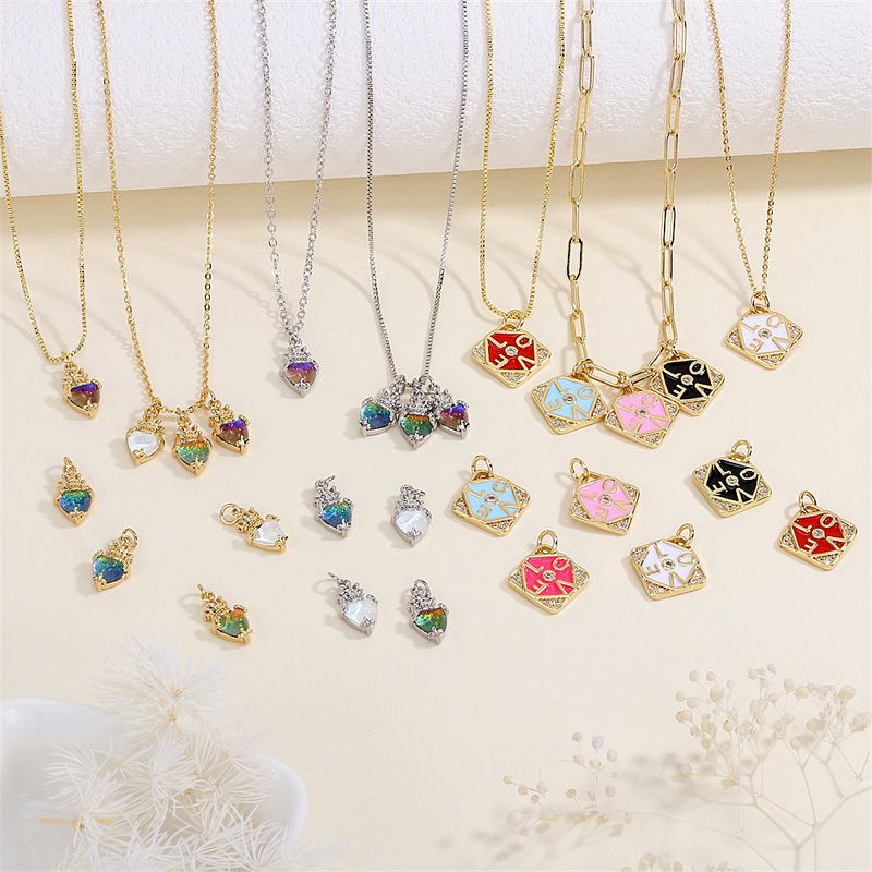 1 Piece 15*15mm 8*13mm Copper Artificial Crystal Zircon 18K Gold Plated Heart Shape Crown Rhombus Polished Pendant