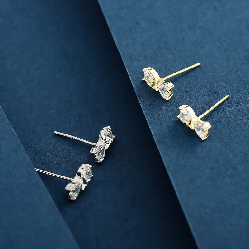1 Pair Elegant Basic Classic Style Bow Knot Plating Inlay Sterling Silver Zircon 14K Gold Plated Ear Studs