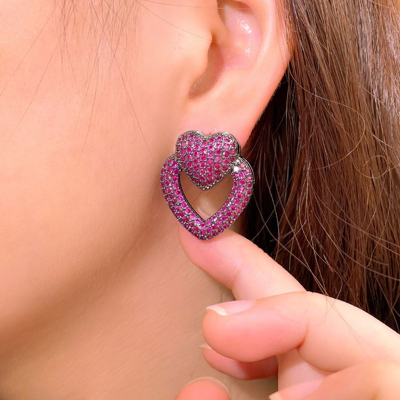 1 Piece Lady Classic Style Heart Shape Inlay Copper Zircon Ear Studs