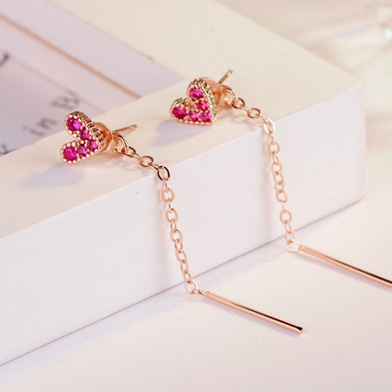 1 Pair Simple Style Shiny Heart Shape Chain Inlay Copper Zircon Drop Earrings Ear Studs
