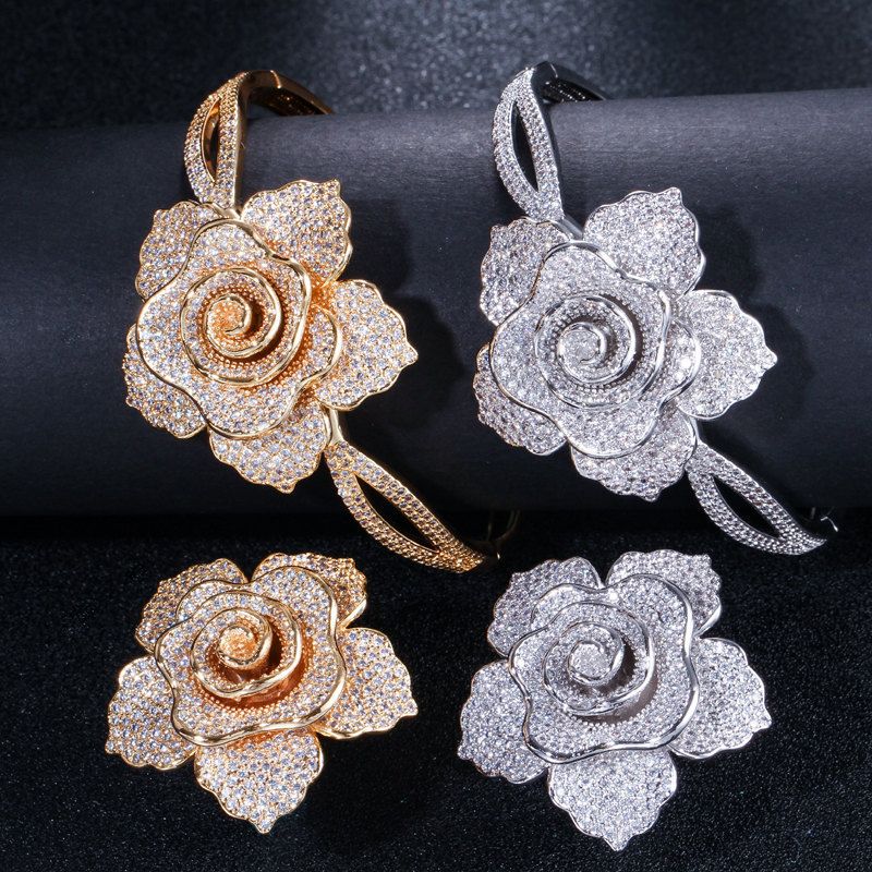 Copper 14K Gold Plated White Gold Plated Rhodium Plated Sweet Simple Style Inlay Rose Zircon Jewelry Set