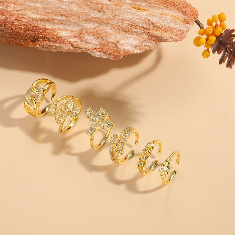 Copper Gold Plated Vintage Style Simple Style Criss Cross Plating Inlay Solid Color Zircon Open Rings