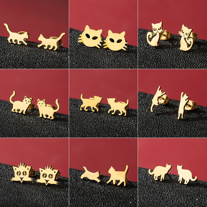 1 Paar Süß Basic Süss Tier Katze Polieren Überzug Edelstahl 304 18 Karat Vergoldet Ohrstecker
