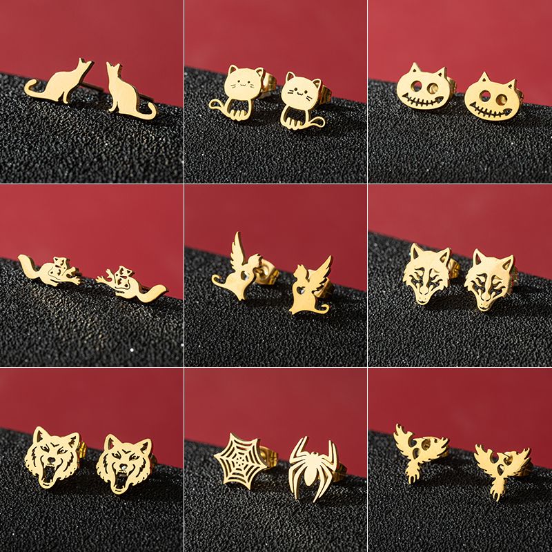 1 Pair Cute Modern Style Sweet Cat Tiger Spider Polishing Plating 304 Stainless Steel 18K Gold Plated Ear Studs