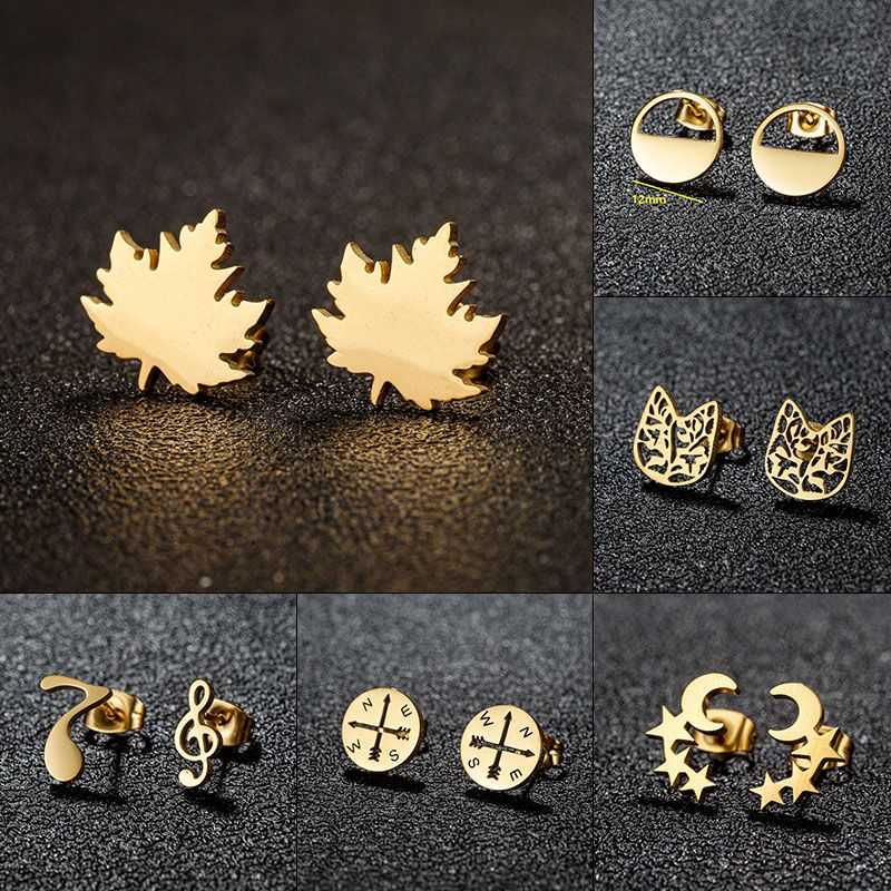 1 Pair Lady Modern Style Sweet Maple Leaf Solid Color Notes Polishing Plating 304 Stainless Steel 18K Gold Plated Ear Studs