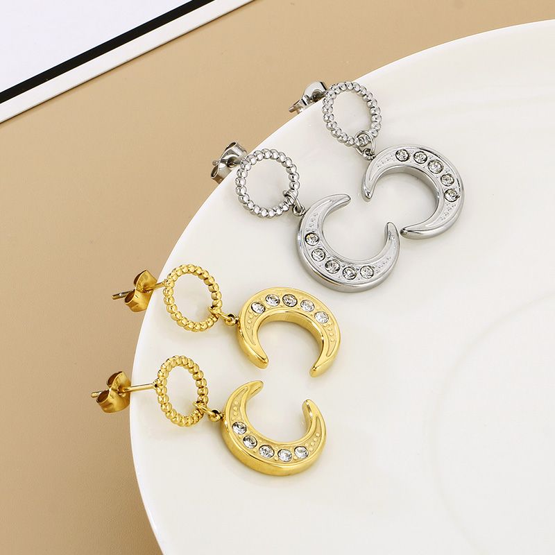1 Pair Basic Modern Style Classic Style Moon Inlay 304 Stainless Steel Rhinestones 18K Gold Plated Drop Earrings