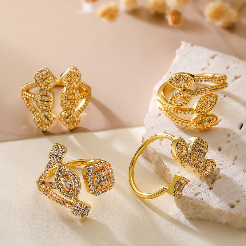 Copper 18K Gold Plated IG Style Retro Exaggerated Plating Inlay Geometric Zircon Open Rings