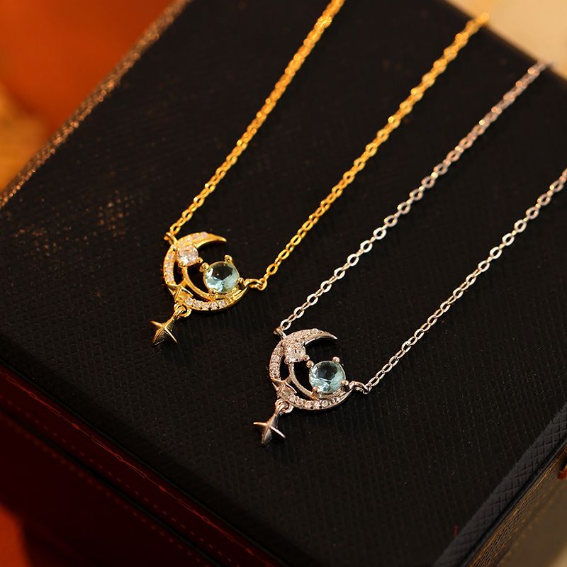 Sterling Silver IG Style Shiny Hollow Out Inlay Star Moon Zircon Pendant Necklace