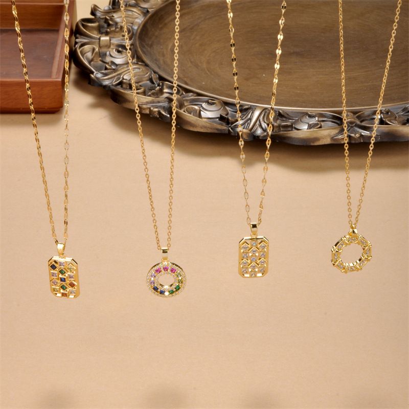 201 Stainless Steel Copper Simple Style Shiny Hollow Out Inlay Circle Rectangle Zircon Pendant Necklace
