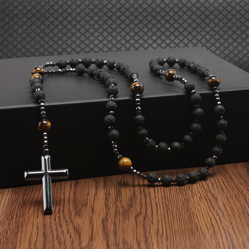 Chinoiserie Retro Ethnic Style Cross Natural Stone Beaded Men's Pendant Necklace