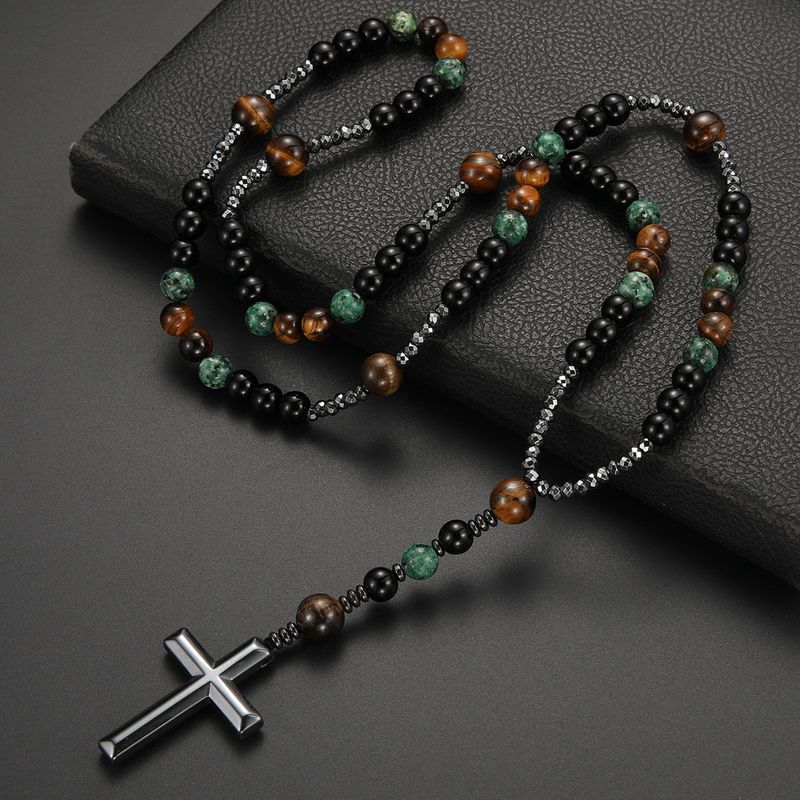 Chinoiserie Retro Ethnischer Stil Geometrisch Kreuzen Ein Naturstein Perlen Polieren Männer Halskette Mit Anhänger