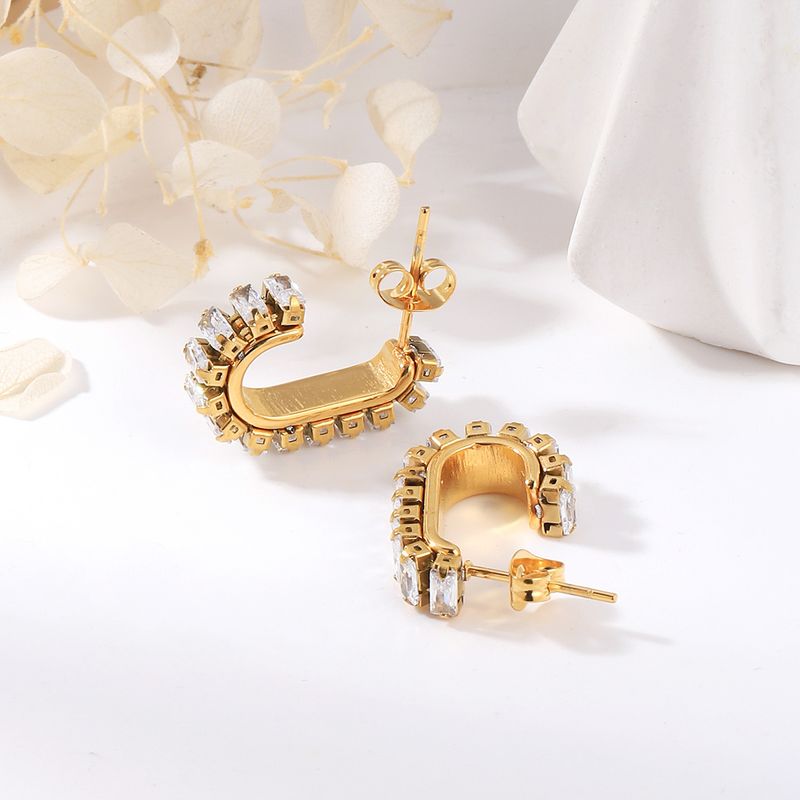 1 Pair Simple Style Classic Style Solid Color Plating Inlay 304 Stainless Steel Zircon 18K Gold Plated Hoop Earrings