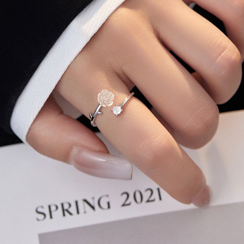Sterling Silver White Gold Plated Elegant Simple Style Layered Patchwork Flowers Flower Petal Zircon Rings
