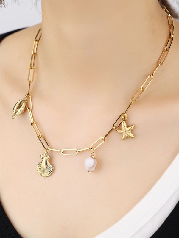 304 Stainless Steel 18K Gold Plated Casual Beach Inlay Starfish Shell Shell Necklace