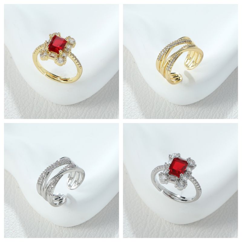 Elegant Shiny Square Solid Color Alloy Hollow Out Inlay Rhinestones Women's Open Rings