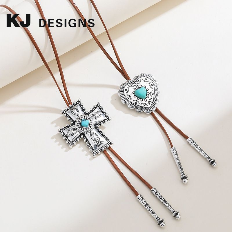 Wholesale Jewelry Casual Classic Style Cool Style Cross Alloy Leather Rope Turquoise Inlay Sweater Chain