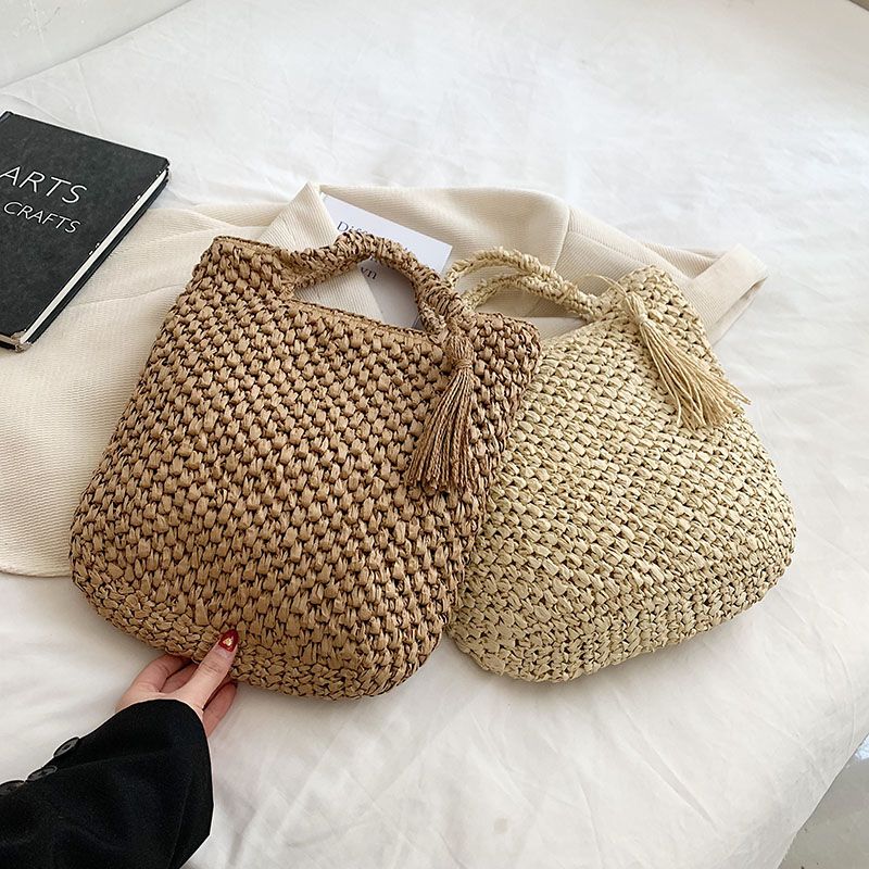 Femmes Grande Paille Couleur Unie Vacances Plage Fermeture Éclair Sac De Paille