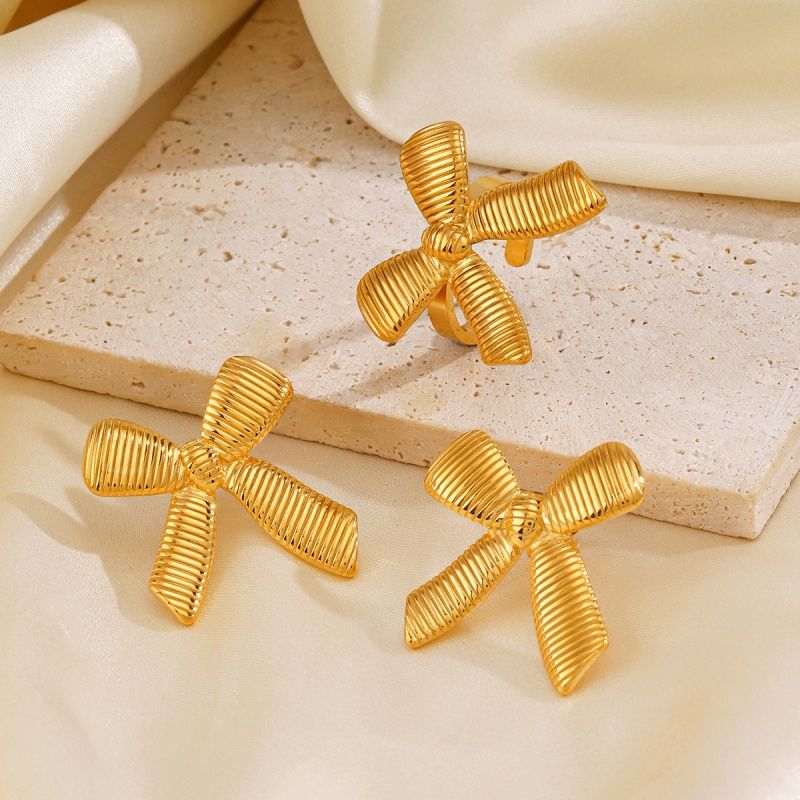 304 Stainless Steel 18K Gold Plated Sweet Simple Style Bow Knot Stainless Steel Rings Earrings