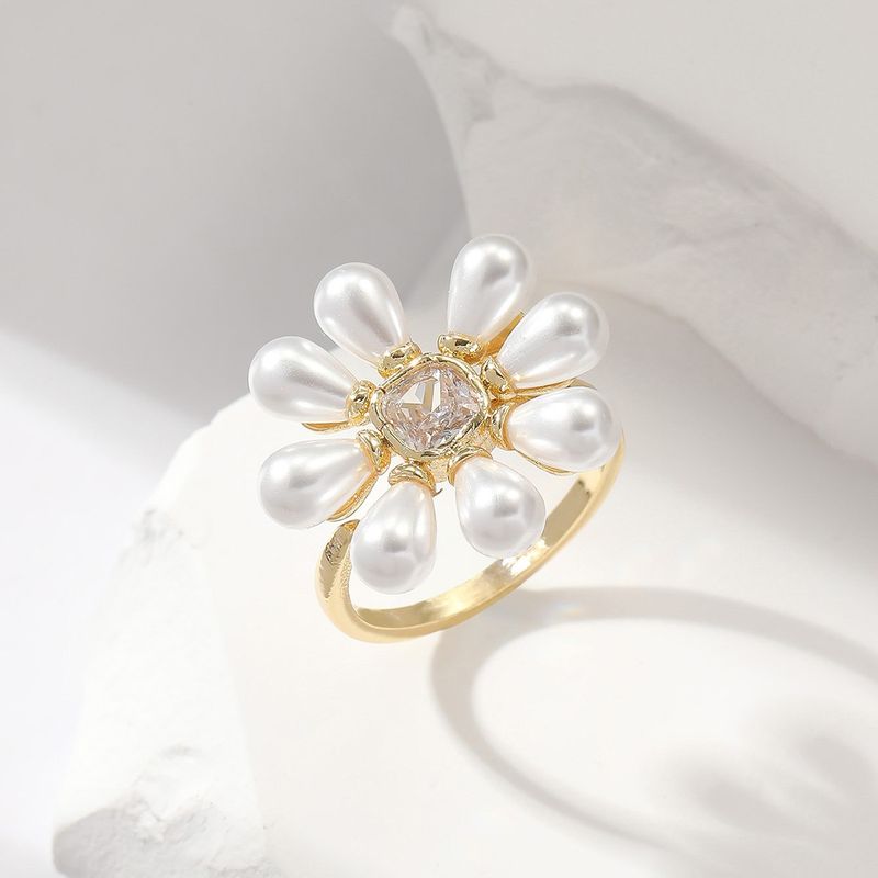 Artificial Pearl Copper Sweet Simple Style Inlay Flower Zircon Open Rings