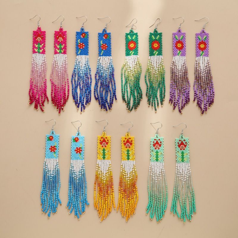 1 Pair Bohemian Flower Beaded Tassel Seed Bead Drop Earrings