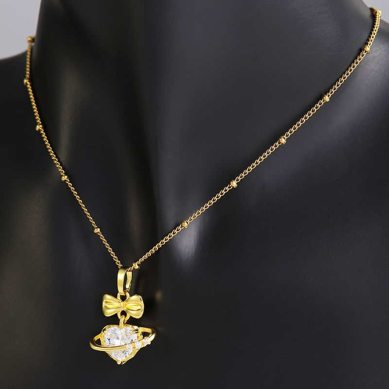 304 Stainless Steel Copper 18K Gold Plated Sweet Shiny Plating Inlay Heart Shape Bow Knot Zircon Pendant Necklace