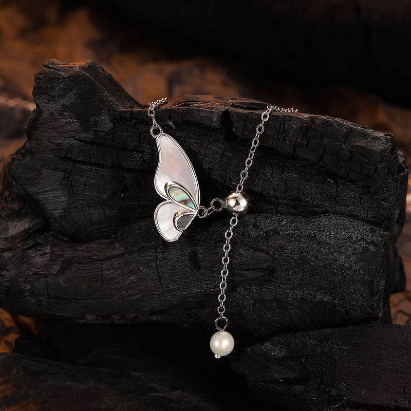 Sterling Silver Casual Inlay Tassel Butterfly Pearl Pendant Necklace