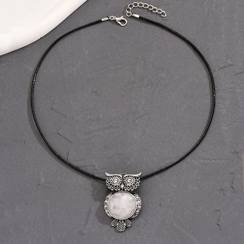 IG Style Cute Owl Alloy Leather Rope Plating Inlay Natural Stone Rhinestones Women's Pendant Necklace