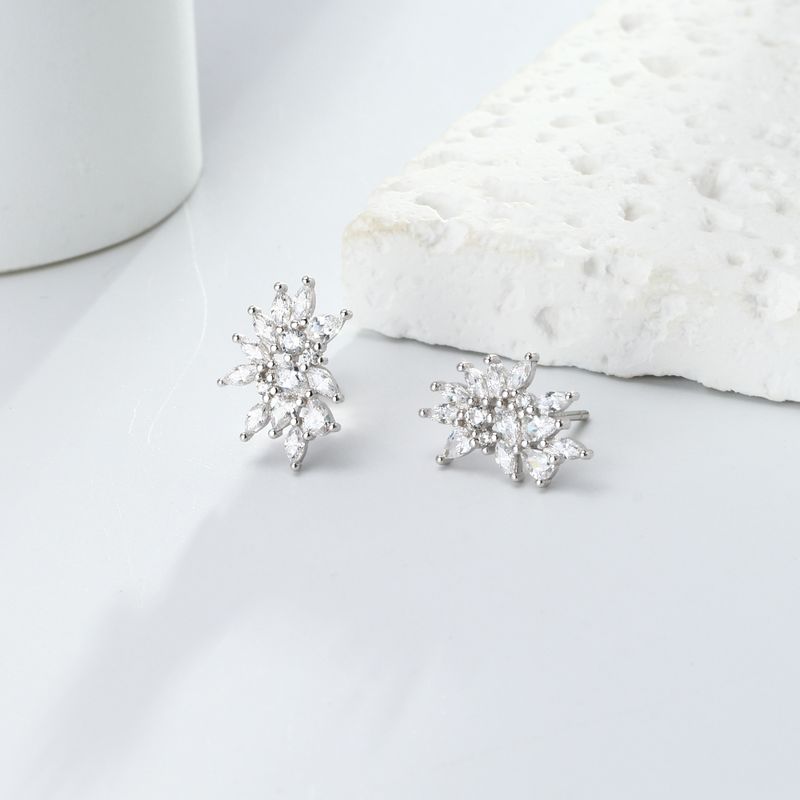 1 Paire Style Simple Fleur Incruster Argent Sterling Zircon Boucles D'oreilles