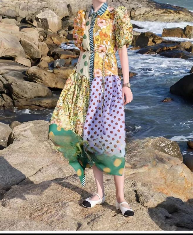 Women's Regular Dress Vacation Turndown Printing Contrast Binding Short Sleeve Color Block Plant Polka Dots Midi Dress Holiday Beach