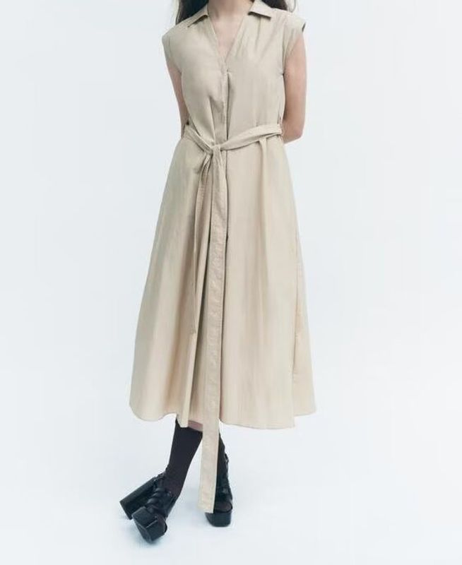 Women's Regular Dress British Style Turndown Belt Sleeveless Solid Color Midi Dress Holiday Date