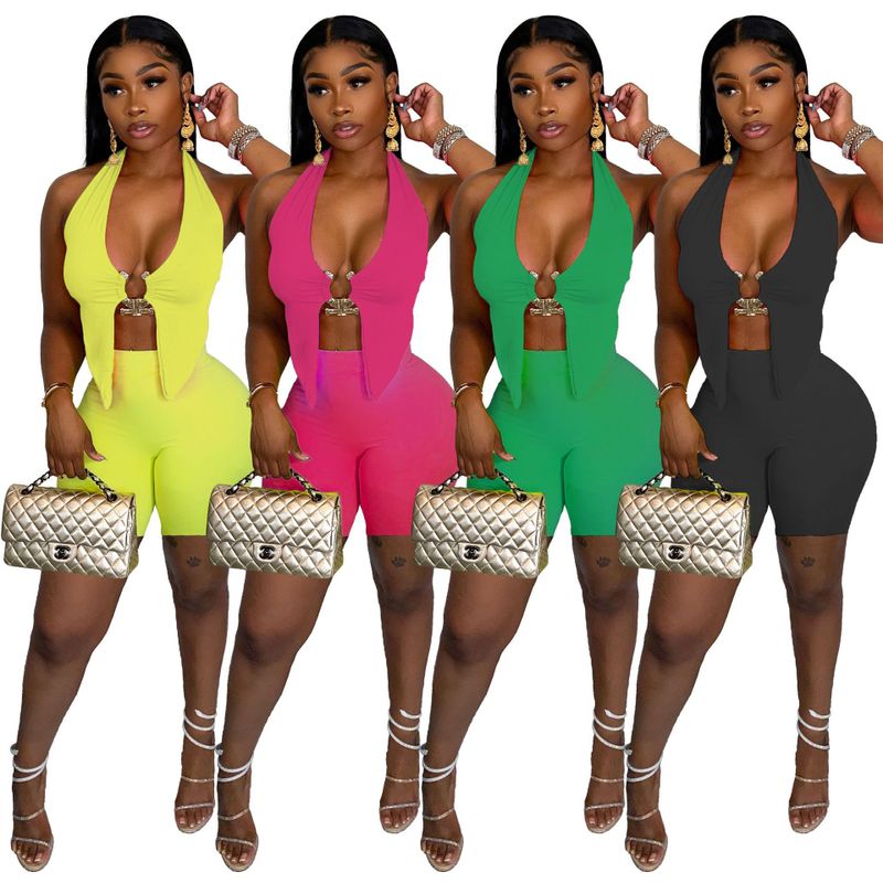 Women's Casual Solid Color Polyester Milk Fiber Metal Leisure Suit Shorts Sets Clothing Sets