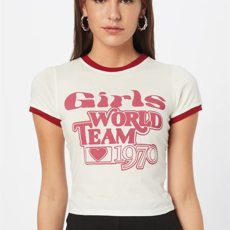 Verano Nueva Moda Niñas Mundo Letra Impresión Delgada-ajuste Corto-camiseta Con Mangas-camisa