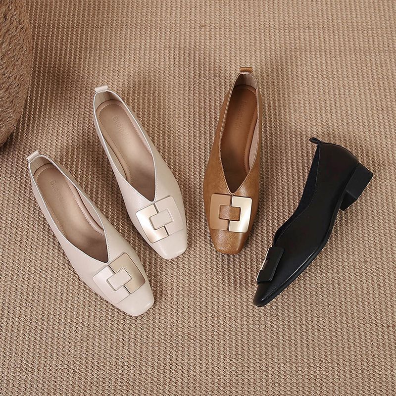 Women's Vintage Style Solid Color Square Toe Flats