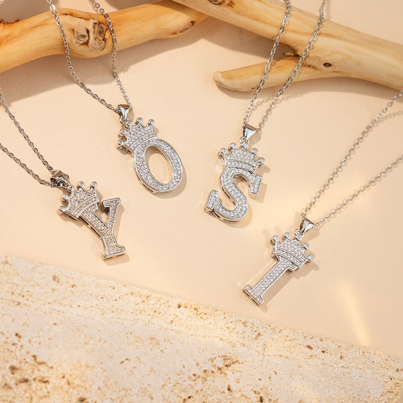 Stainless Steel Copper Simple Style Letter Crown Plating Inlay Zircon Pendant Necklace