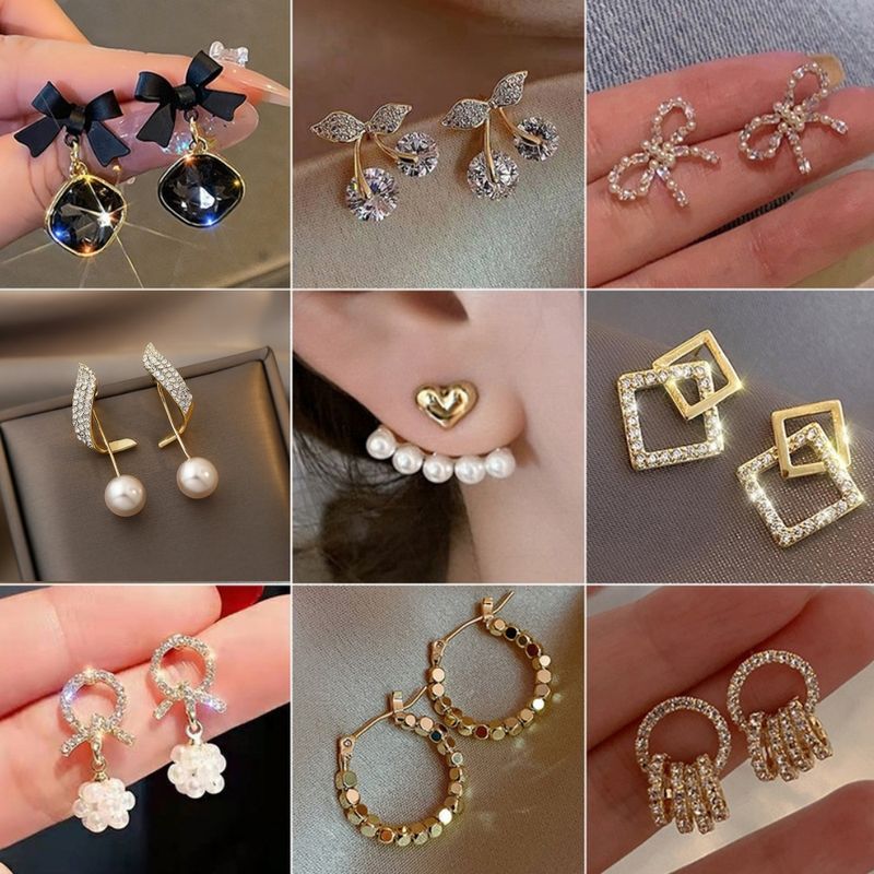 Elegant Geometric Bow Knot Imitation Pearl Alloy Inlay Rhinestones Women's Earrings 1 Pair