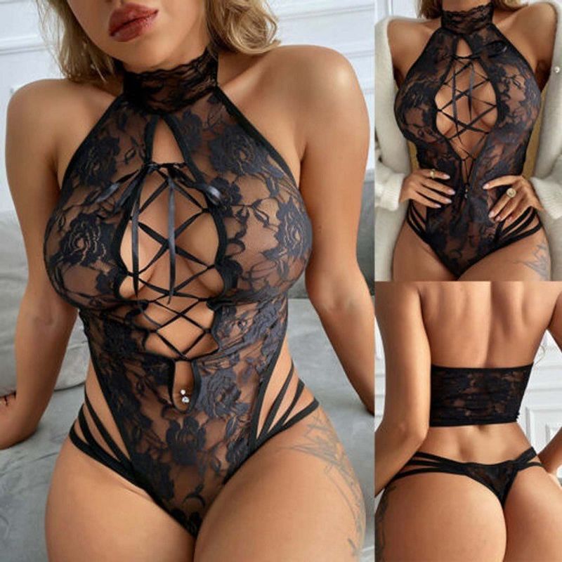 Solid Color Flower Jumpsuit Sexy Hollow Out Mid Waist Thong Sexy Lingerie