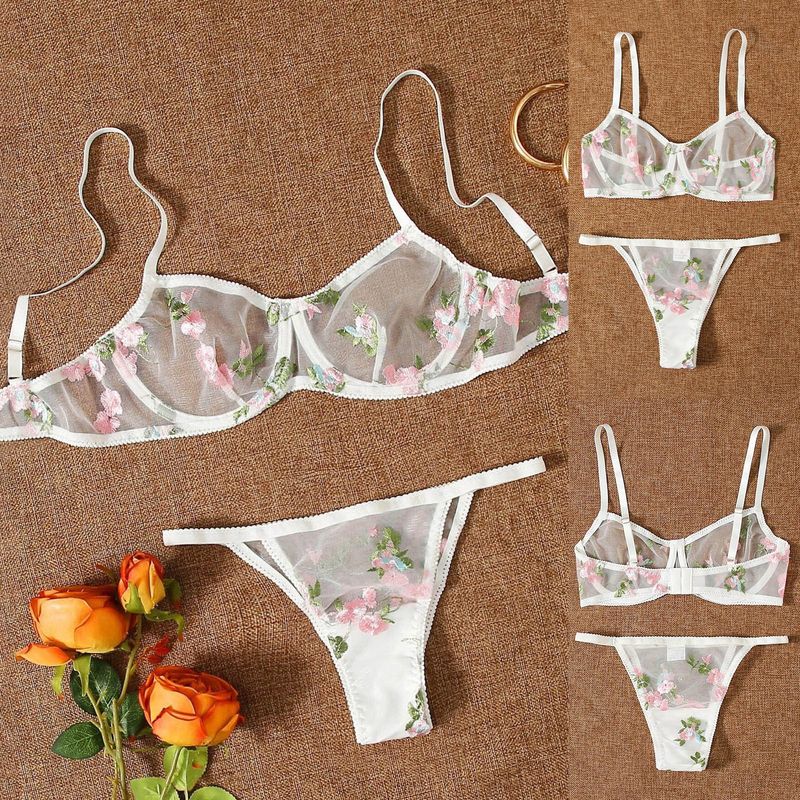 Flower Sheer Bra Sexy Embroidery See-through Low Waist See-through Sexy Lingerie