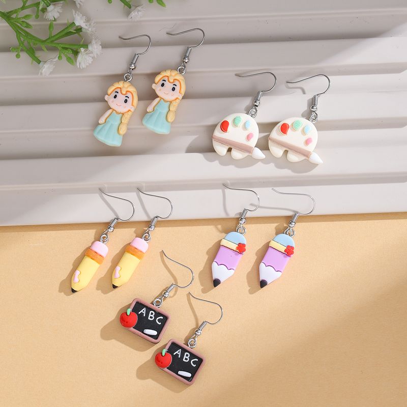 5 Pairs Cartoon Style Pencil Plating Resin Silver Plated Drop Earrings