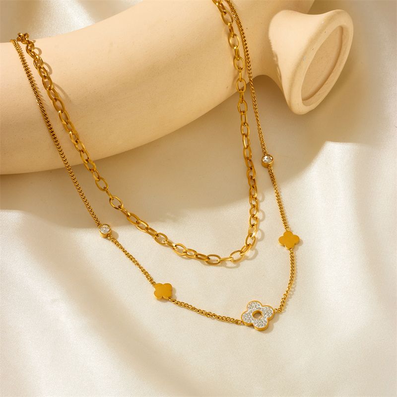 Acero Titanio Chapados en oro de 18k Estilo Vintage Enchapado Embutido Flor Circón Collar