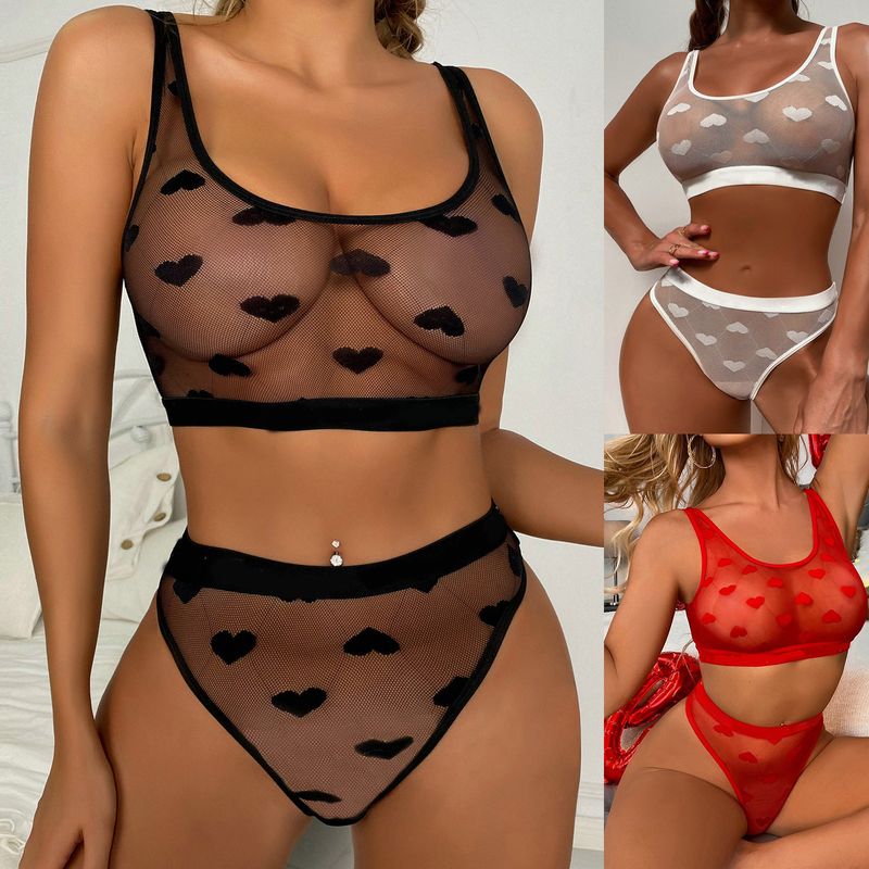 Women's Sexy Heart Shape Sexy Lingerie Sets Party Hollow Out Sheer Bra Mid Waist Briefs Sexy Lingerie