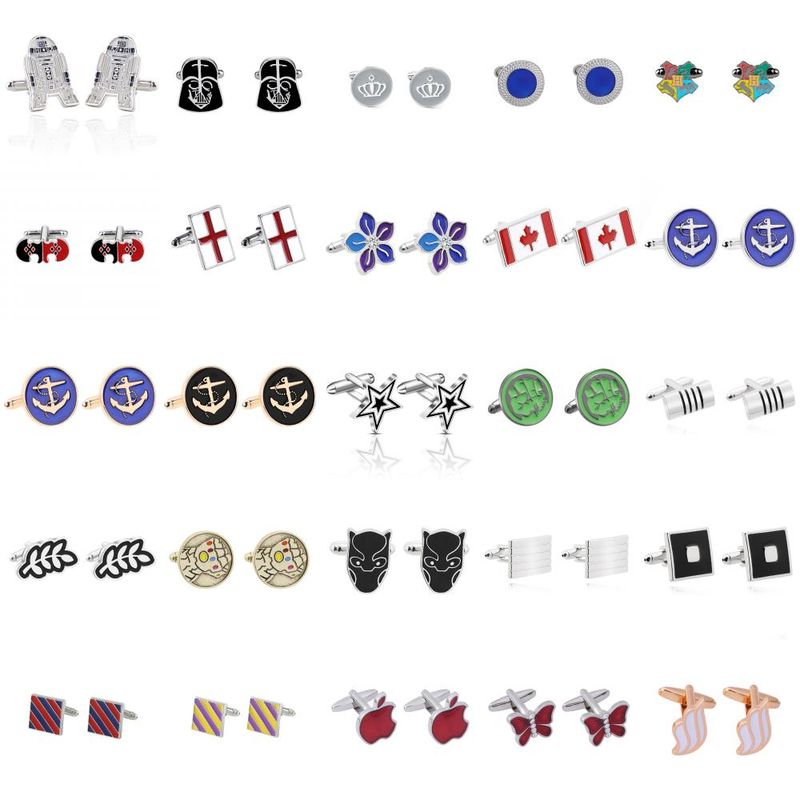 European And American High Quality Titanium Steel Paint Crown Skull Boat Anchor Apple Butterfly Bat Sakura Flag Pattern Shirt Cufflinks