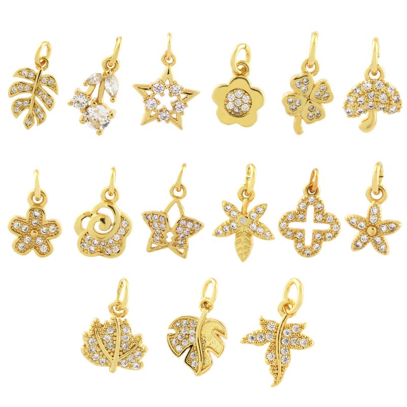 Simple Style Shiny Leaves Rose Flower Copper Plating Inlay Zircon 18k Gold Plated Charms