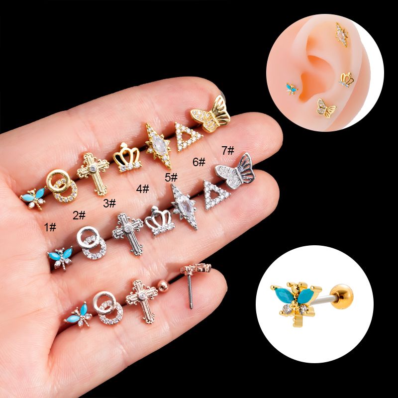 1 Piece Ear Cartilage Rings & Studs Simple Style Classic Style Crown Dragonfly Butterfly 316 Stainless Steel  Copper Plating Inlay Zircon