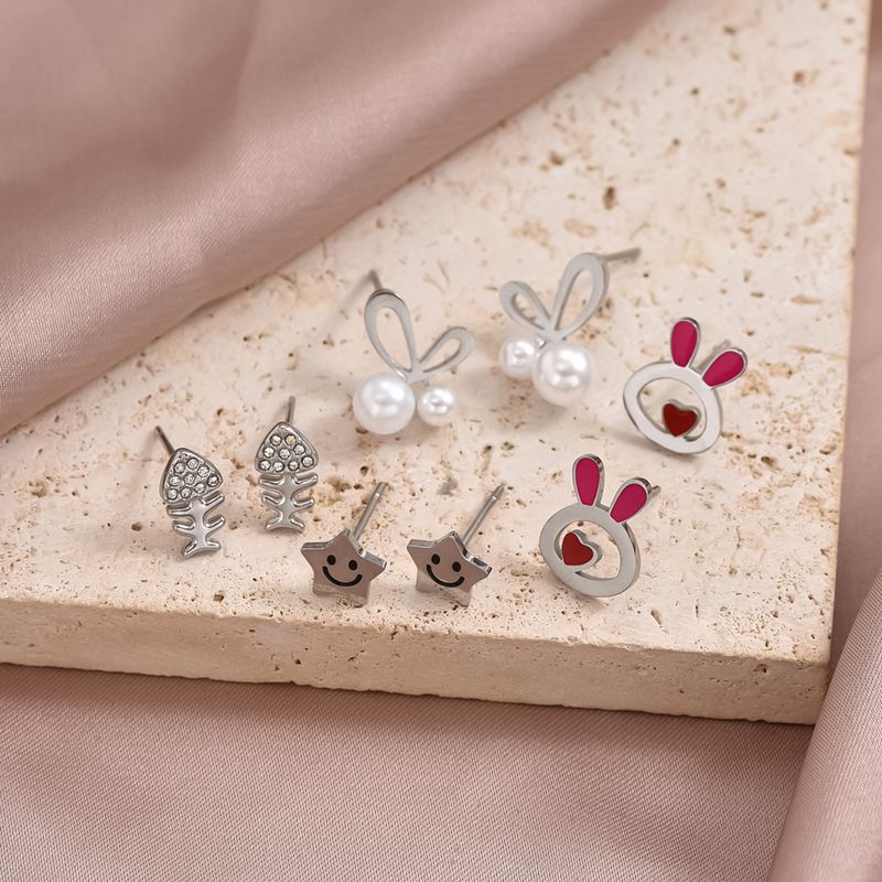 1 Pair Cute Sweet Rabbit Star Fish Bone Epoxy Inlay 304 Stainless Steel Artificial Pearls Zircon Ear Studs