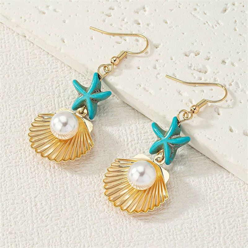 1 Pair Simple Style Classic Style Starfish Inlay Copper Pearl Drop Earrings