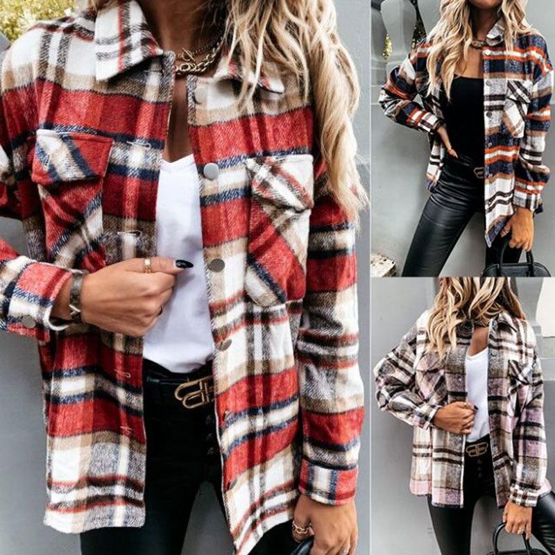 Femmes Manteau Manche Longue Blouses Bouton Mode Plaid