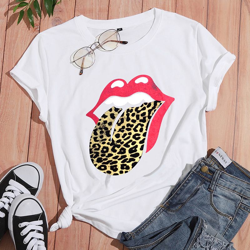 Großhandel Leoparddruck Lippendruck Kurzarm T-shirt Nihaojewelry