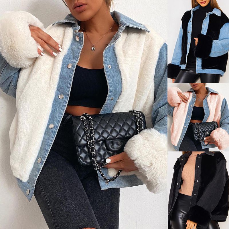 Women's Fashion Color Block Patchwork Single Breasted Coat Denim Jacket