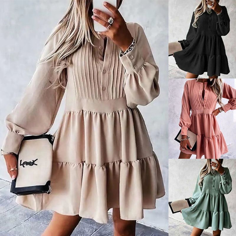 Elegant Stripe Solid Color Round Neck Long Sleeve Patchwork Button Polyester Dresses Knee-length Tiered Skirt
