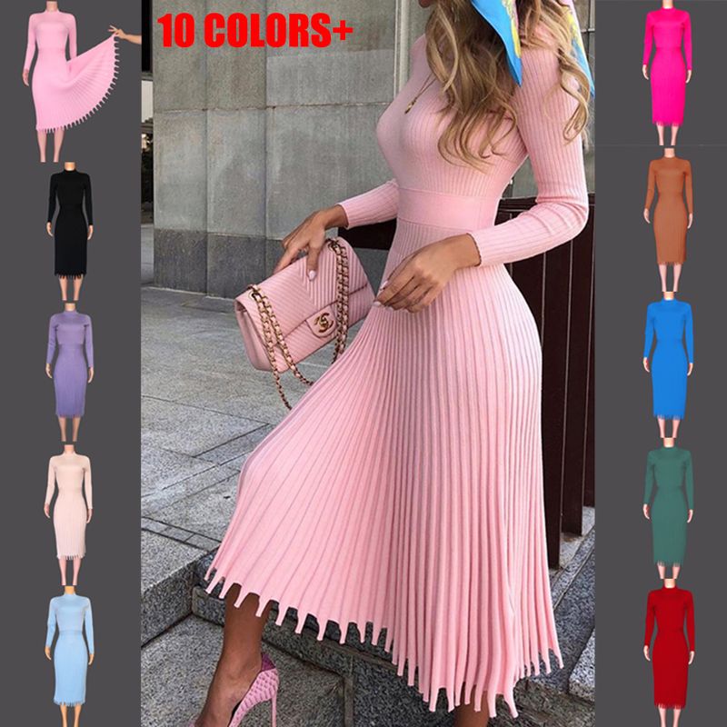 Mujeres Vestido Normal Moda Cuello Redondo Borla Plisado Manga Larga Color Sólido Vestido A Media Pierna A Diario